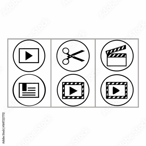 Collection of video editing icons isolated on white background, representing various aspects of film production and media creation process