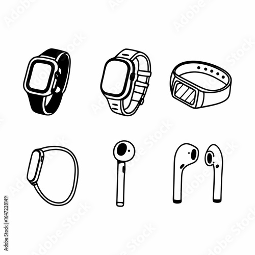 Modern tech accessories isolated on white background, featuring smartwatches, fitness trackers, and wireless earbuds for active lifestyle