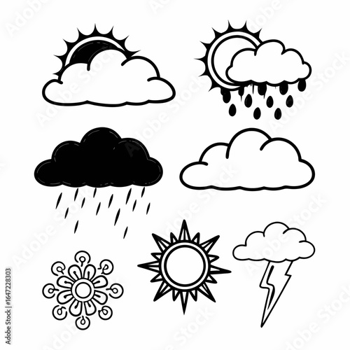 Weather icons set with sun, cloud, rain, storm, and snowflake isolated on white background for web design and graphic elements