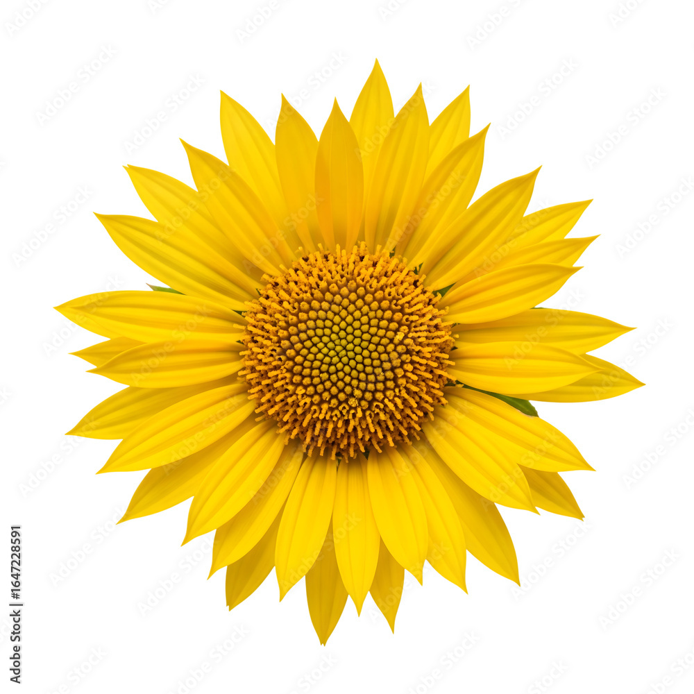 Fototapeta premium Bright yellow sunflower blossom with dark brown center isolated on transparent background