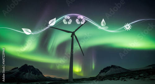 Futuristic Wind Turbine Field with Glowing Sustainability Network