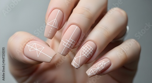 Nail art manicure with geometric white design on matte beige nails