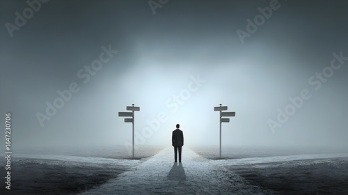 Man standing at crossroads with signs pointing in different directions, foggy background. Concept : Life choices, decision-making, uncertainty, direction, personal journey, crossroads symbolism, futur