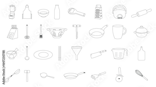 Set of line art kitchen tools isolated on a transparent background. Vector set designing