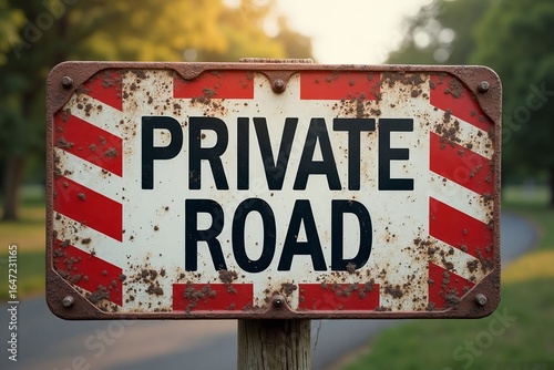 Weathered sign reading private road with red and white stripes on a pole in a green outdoor area
