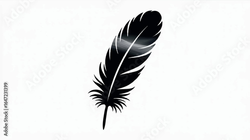 A minimalist black silhouette of a single feather against a pure white background 