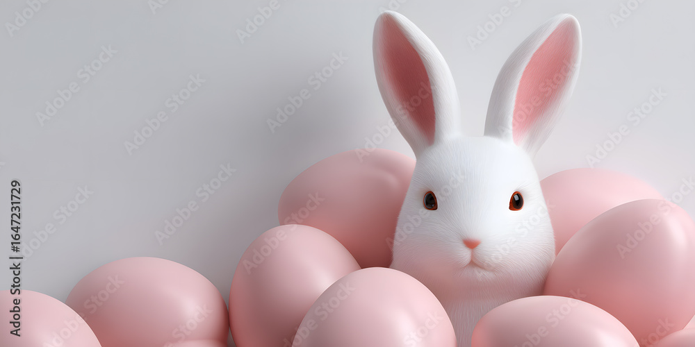 Obraz premium Close-up 3D render of pink Easter eggs with rabbit ears in a minimalist style, ideal for holiday branding, seasonal cards, and modern festive design.