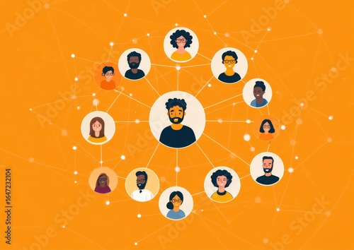 A Vibrant Connection Network Showcasing Diverse Individuals Linked by Shared Interests and Interactions on an Orange Background
