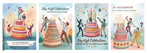 Colorful celebration posters featuring diverse groups enjoying parties with cakes and fireworks.