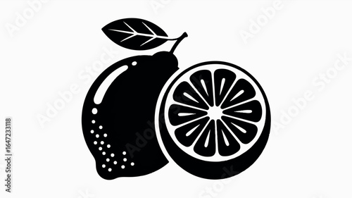 A minimalist black and white illustration of a citrus fruit, specifically a lemon, shown in two views 