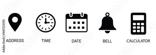 Address, time, date, bell, and calculator icons for user interface and graphic design