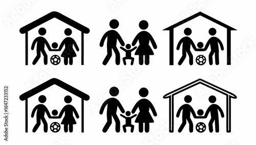 Illustration of six family icons depicting parents with children and houses in black and white color scheme |  editable eps vectors silhouette