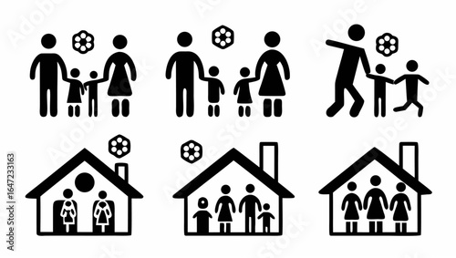 Illustration showing family groups with parents and children and families inside houses with chimney smoke |  editable eps vectors silhouette