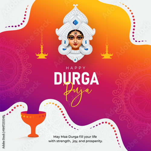 Happy Durga Puja Festival Celebration Post Banner Background Template Design with Goddess Durga Illustration