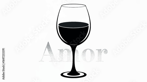 A minimalist black and white illustration of a wine glass filled with red wine.