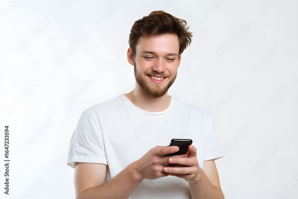 Happy young man in casual clothing smiling while using smartphone, isolated on a white background, concept of communication, social media, and technology. Happy young man in casual clothing smiling while using smartphone, isolated on a white background, concept of communication, social media, and technology.