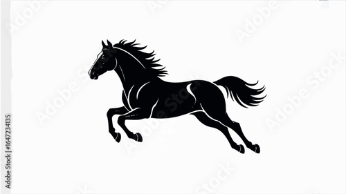 A minimalist black and white silhouette illustration of a running horse on a pure white background.