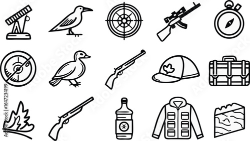 Outdoor hunting adventure icons set capturing sport, gear, and nature elements for adventure seekers