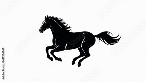 A minimalist black and white silhouette illustration of a running horse on a pure white background.