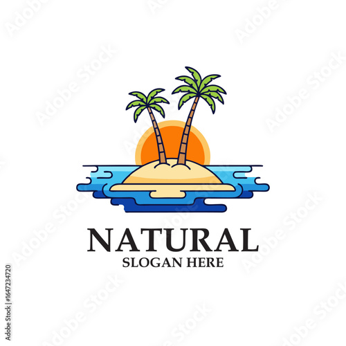 Minimalist Tropical Island Vector with Palm Trees and Sunset on the Sea – Flat Cartoon Illustration