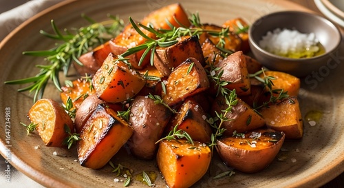 Roasted sweet potatoes and red potatoes with herbs.