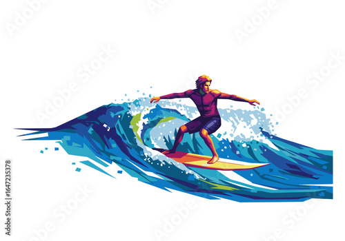Surfer Riding a Wave in Geometric Style