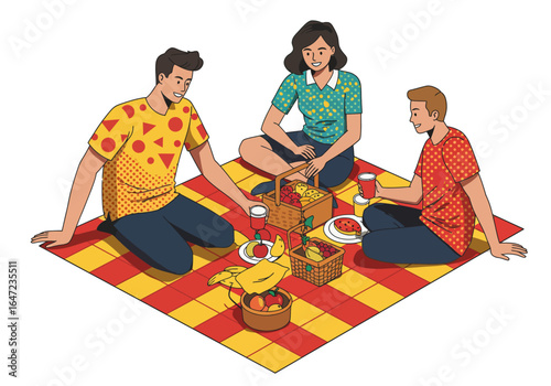 Three Friends Enjoying a Picnic Together on a Checkered Blanket