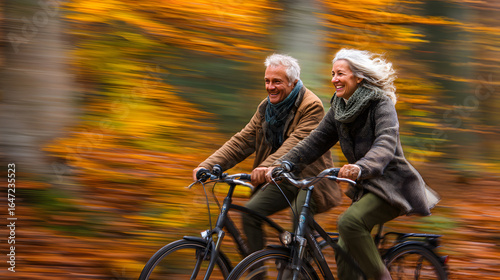 Motion blur photo of senior couple cycling in autumn park, ideal for promoting vitality, active retirement, and joyful living.