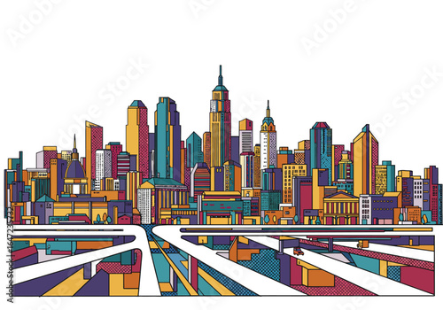 Colorful Cityscape Illustration with Buildings and Roads