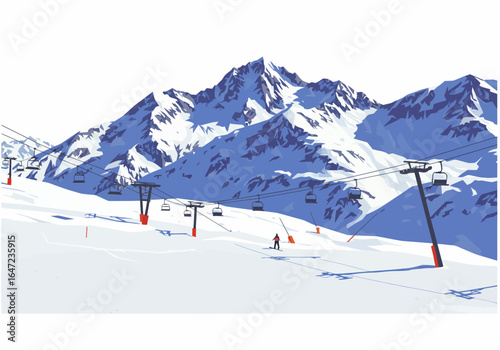 Ski Resort Scene with Mountain and Chairlift Illustration