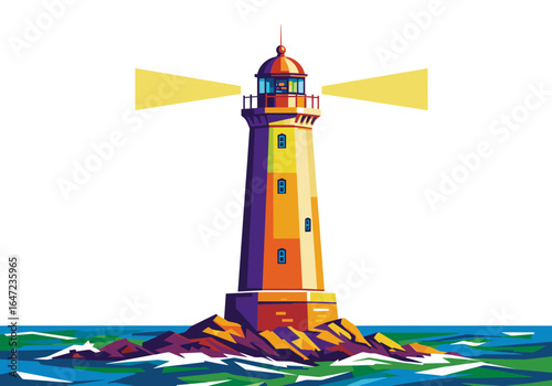 Colorful Lighthouse on Rocky Coast with Shining Beams