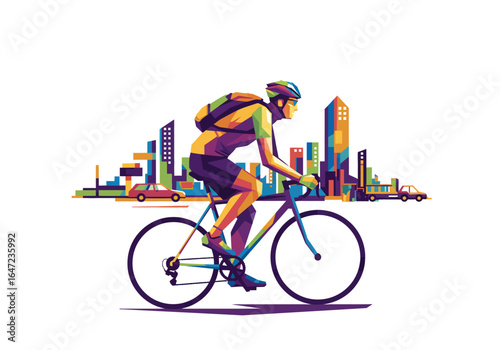 Colorful Cyclist Riding Through Cityscape Illustration
