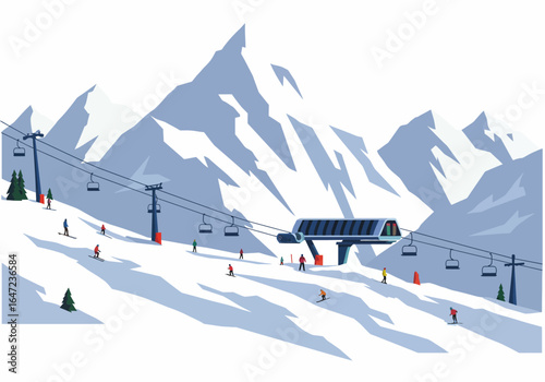 Ski Resort Scene with Chairlift and Snowy Mountains
