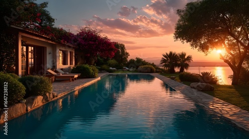 Sunset over a luxurious villa with an inviting pool