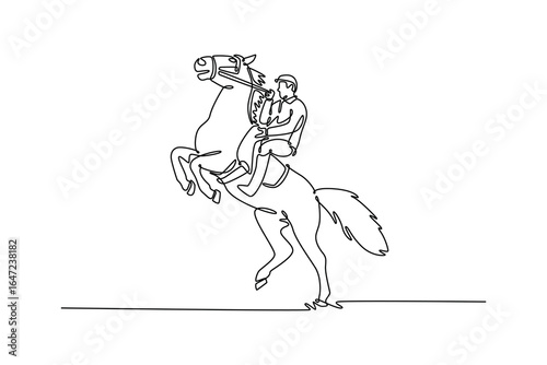 Single line drawing of professional man jockey riding powerful horse rearing on its hind legs, depicting moment of elegant power, grace, and the deep bond between rider and animal. Vector illustration