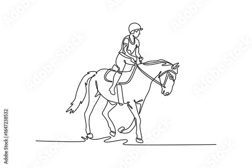 One line drawing of beautiful female rider on an elegant horse at gentle walk, depicting the serene partnership, elegant grace, and deep connection between rider and animal. Design vector illustration