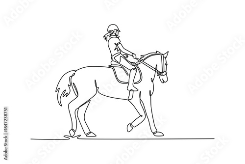 Continuous line drawing of female jockey rider on an elegant horse at a gentle walk, depicting the serene partnership, elegant grace, and deep connection between rider and animal. Vector illustration