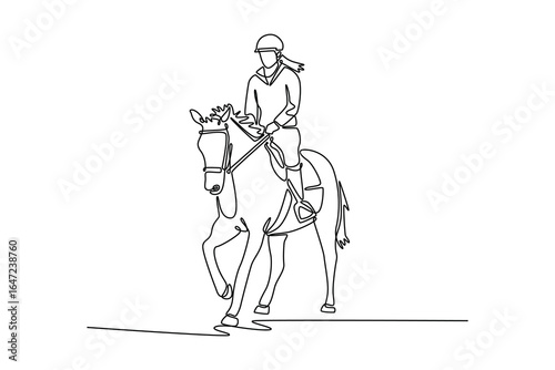 One line drawing of beautiful female rider on an elegant horse at a trot, depicting the graceful partnership, skill, and deep connection of the equestrian sport and its discipline. Vector illustration