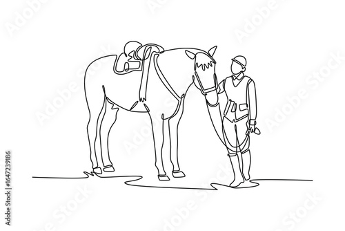 Continuous line drawing of woman jockey with helmet and uniform standing with her horse, depicting serene partnership, trust, and deep bond shared between human and elegant animal. Vector illustration