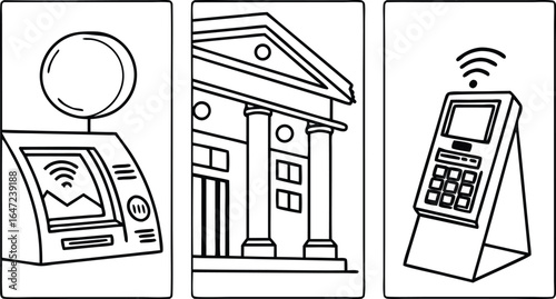 Modern banking services featuring ATM, bank building, and contactless payment terminal.