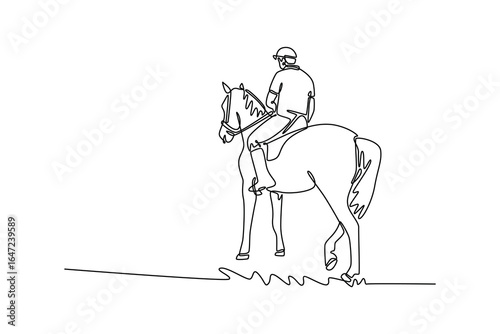 Single line drawing of a human rider on an elegant horse, viewed from the back, depicting the peaceful partnership, trust, and graceful relationship of the equestrian sport. Design vector illustration