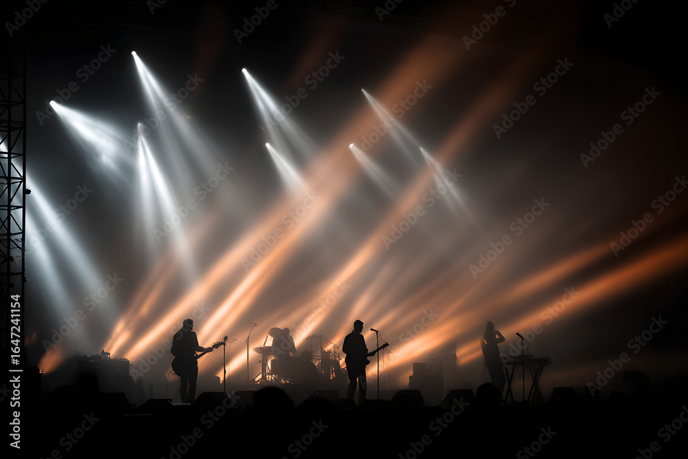 Fototapeta premium silhouette of musicians on the stage of the festival in the beautiful rays of the spotlight