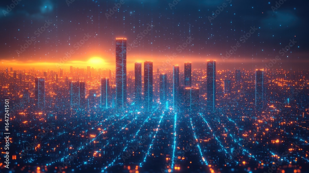 Fototapeta premium Cyberpunk Metropolis at Dawn Digital Art Neon Glow Cityscape.