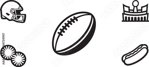 American Football Icons Set Helmet, Ball, Stadium, Pom-poms, and Hot Dog Vector Illustration
