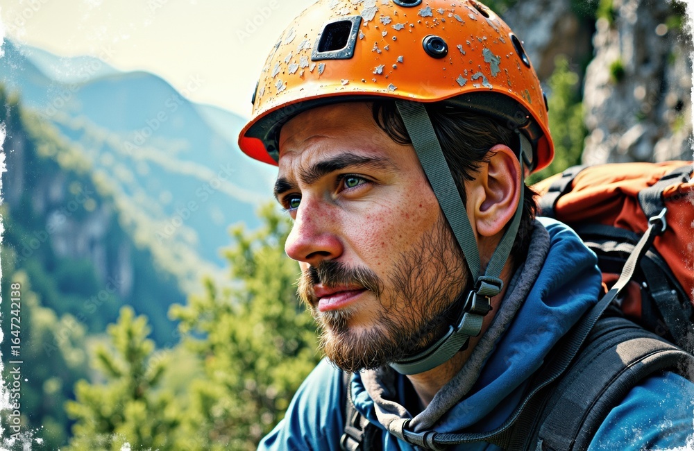 Obraz premium Climber wearing helmet in outdoor mountain landscape
