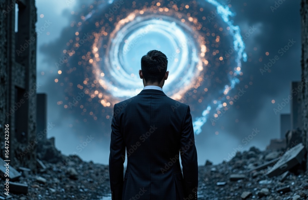 Fototapeta premium A man in a suit faces a swirling cosmic vortex with sparks in a dark, ruined landscape