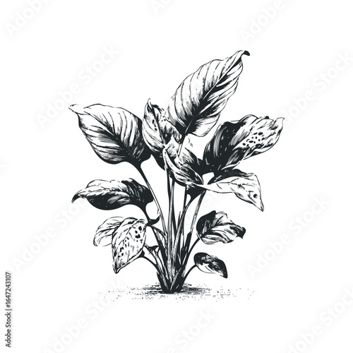 Ink drawing of a lush houseplant with large spotted leaves