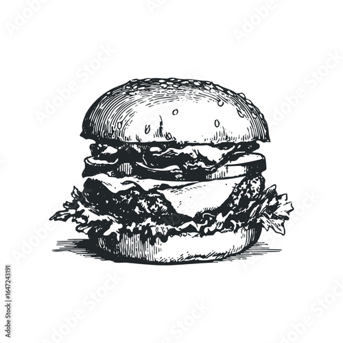 Sketch of a Classic Burger with Sesame Seed Bun and Fresh Toppings