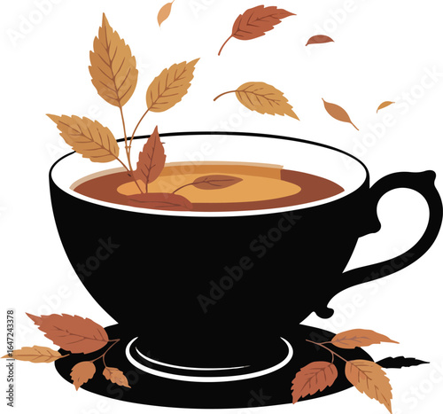 Silhouette of a teacup with floating autumn leaves, elegant seasonal design for cozy tea themes, fall decor, and warm beverage art

