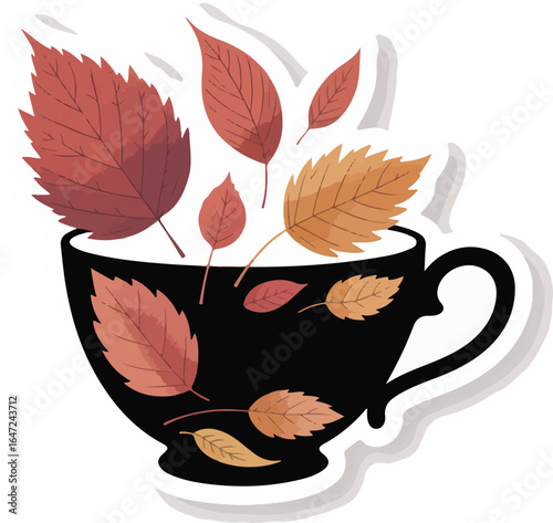 Silhouette of a teacup with floating autumn leaves, elegant seasonal design for cozy tea themes, fall decor, and warm beverage art

